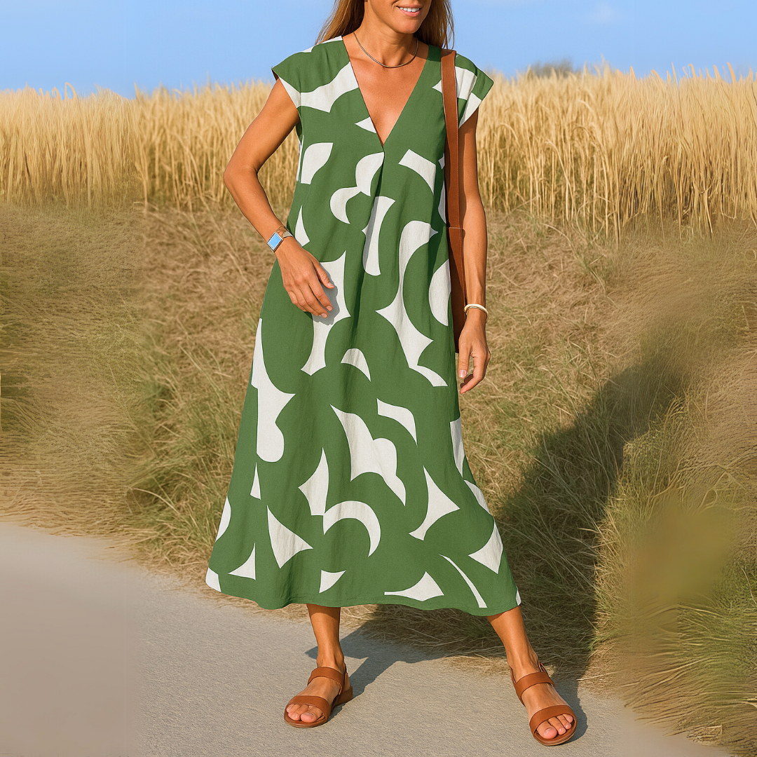 Tirzah | Flowy V-neck dress with geometric design