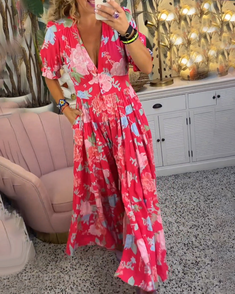 Mirabelle | Deep V Neck Floral Maxi Dress with Flared Skirt