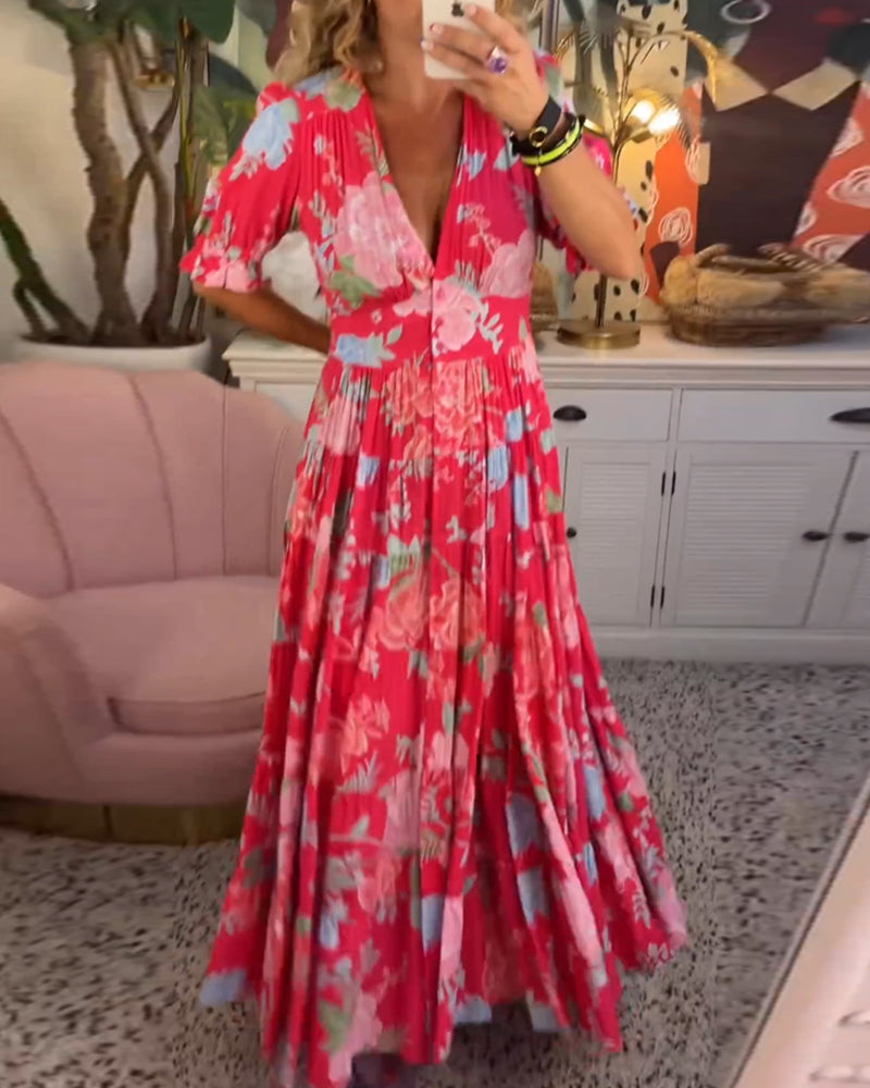 Mirabelle | Deep V Neck Floral Maxi Dress with Flared Skirt