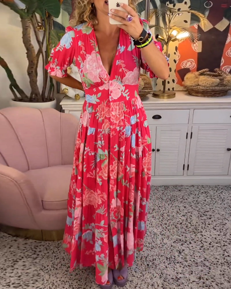 Mirabelle | Deep V Neck Floral Maxi Dress with Flared Skirt