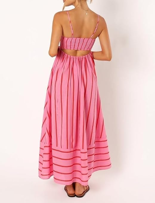 Elsie | Women's Deep Neckline Striped Maxi Dress