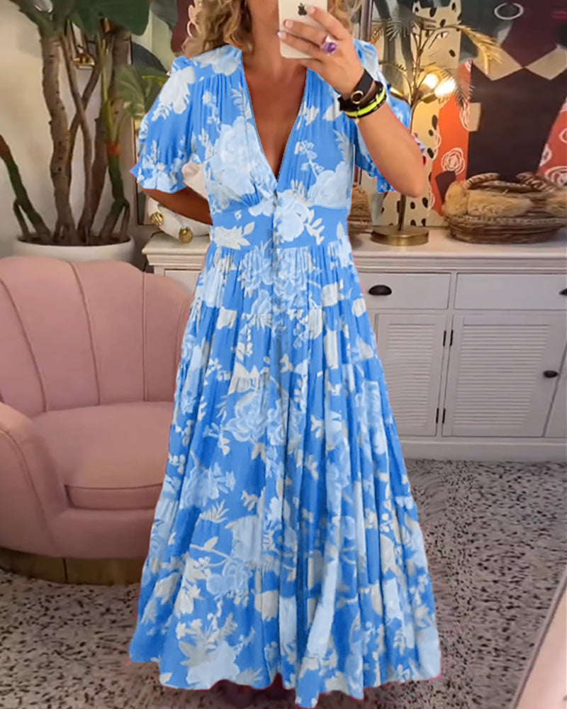 Mirabelle | Deep V Neck Floral Maxi Dress with Flared Skirt