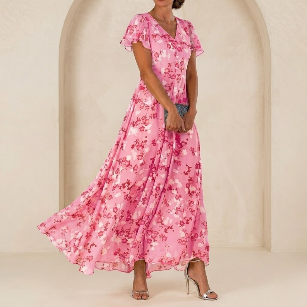Léonie | Flowy Maxi Dress with Wrap Neck and Sheer Sleeves