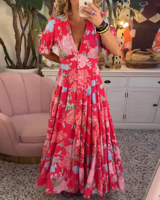 Mirabelle | Deep V Neck Floral Maxi Dress with Flared Skirt