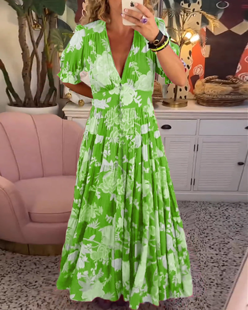 Mirabelle | Deep V Neck Floral Maxi Dress with Flared Skirt