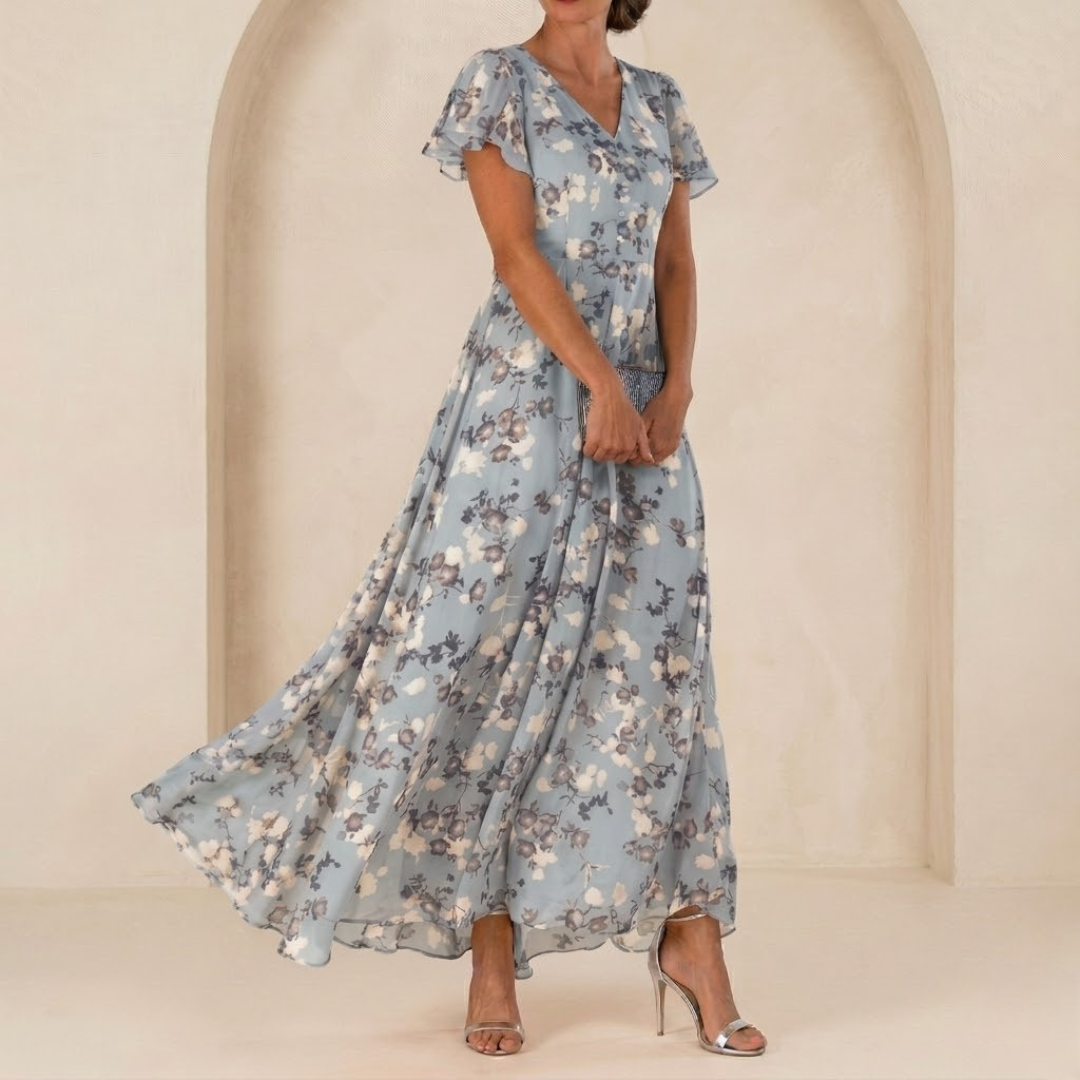 Léonie | Fluid Maxi Dress with Crisscross Neckline and Sheer Sleeves
