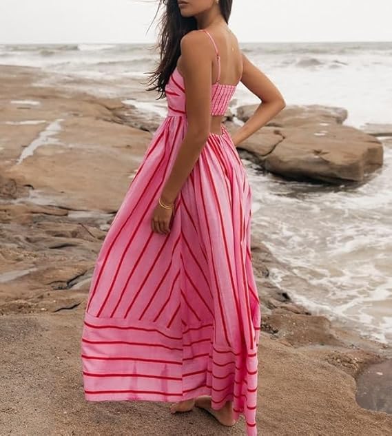 Elsie | Women's Deep Neckline Striped Maxi Dress
