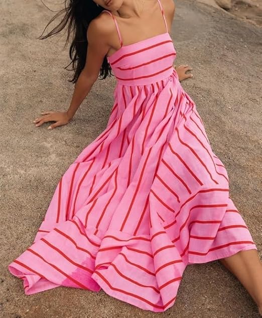 Elsie | Women's Deep Neckline Striped Maxi Dress