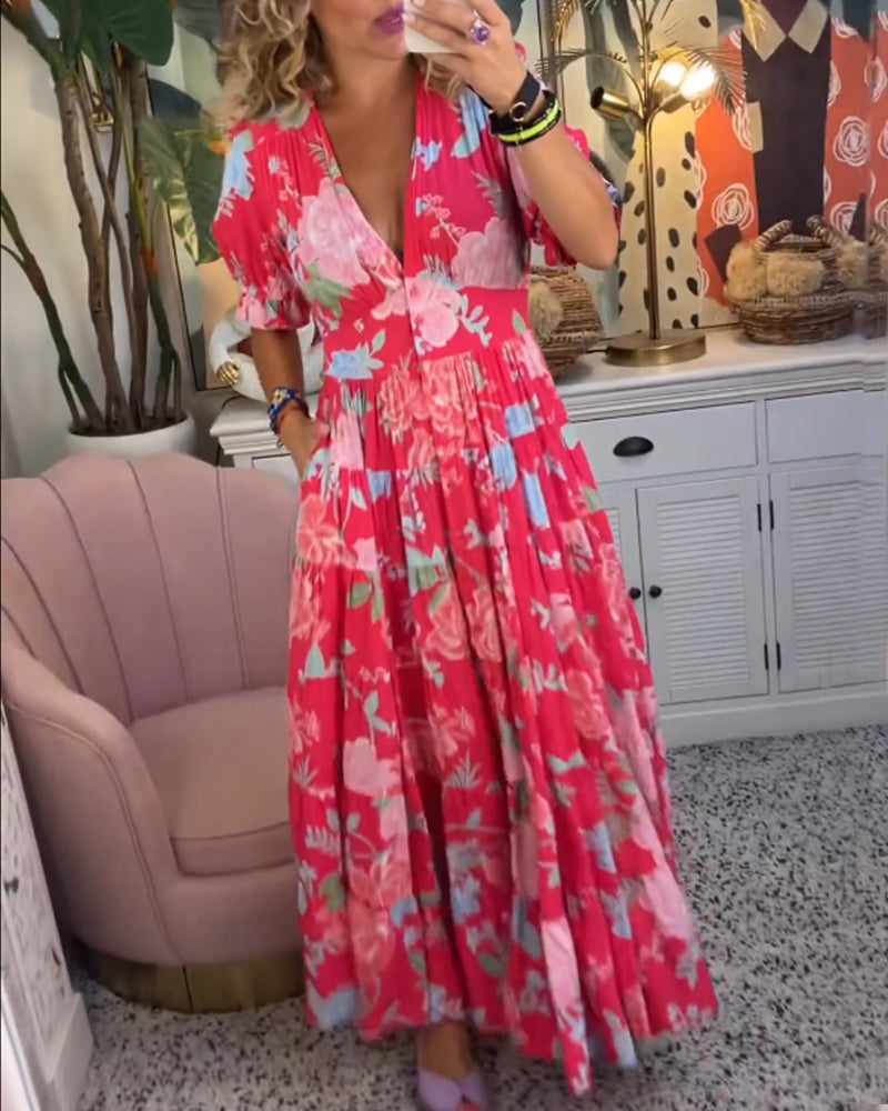 Mirabelle | Deep V Neck Floral Maxi Dress with Flared Skirt