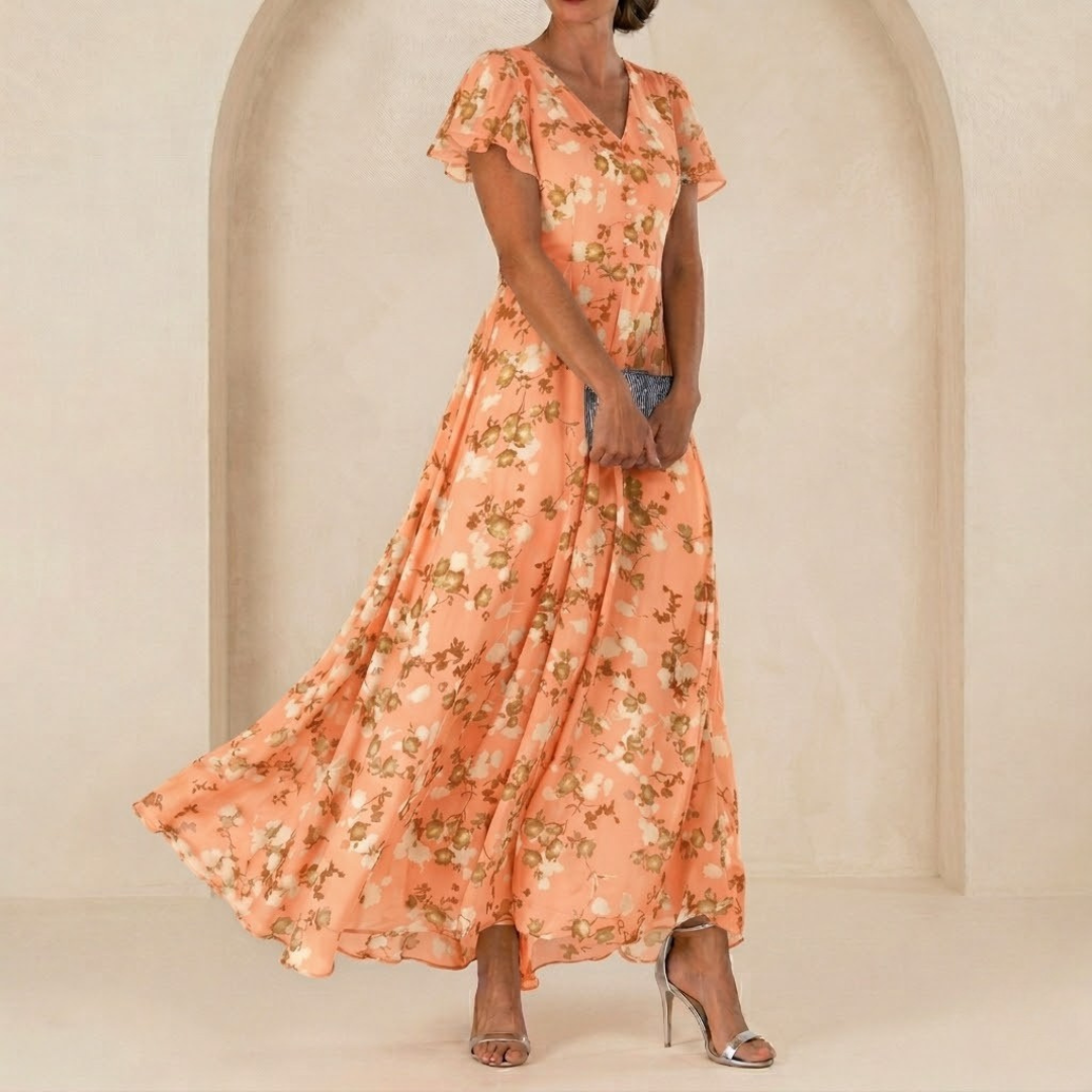 Léonie | Maxi Fluid Dress with Wrap Collar and Sheer Sleeves
