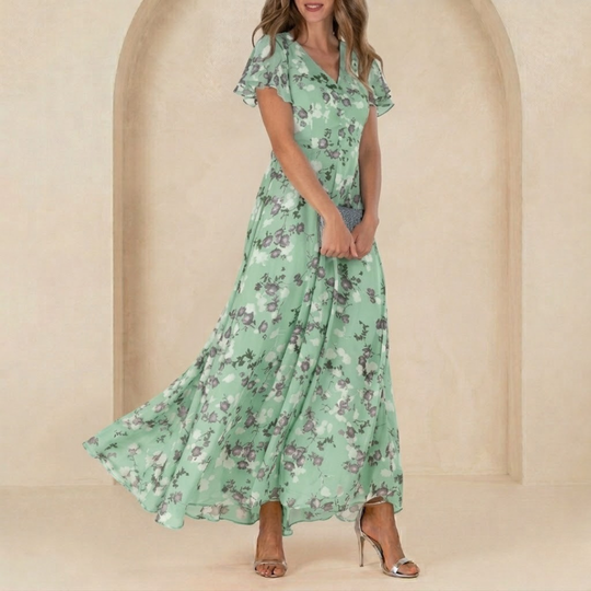 Léonie | Maxi Fluid Dress with Wrap Neckline and Sheer Sleeves