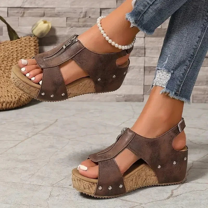 Freda™ | Carved Zip Wedge Sandals