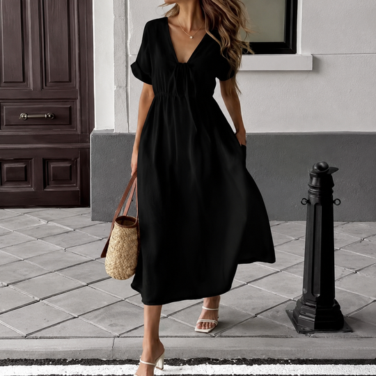 Louise | Flowy Long Dress with V-Neck and Sash