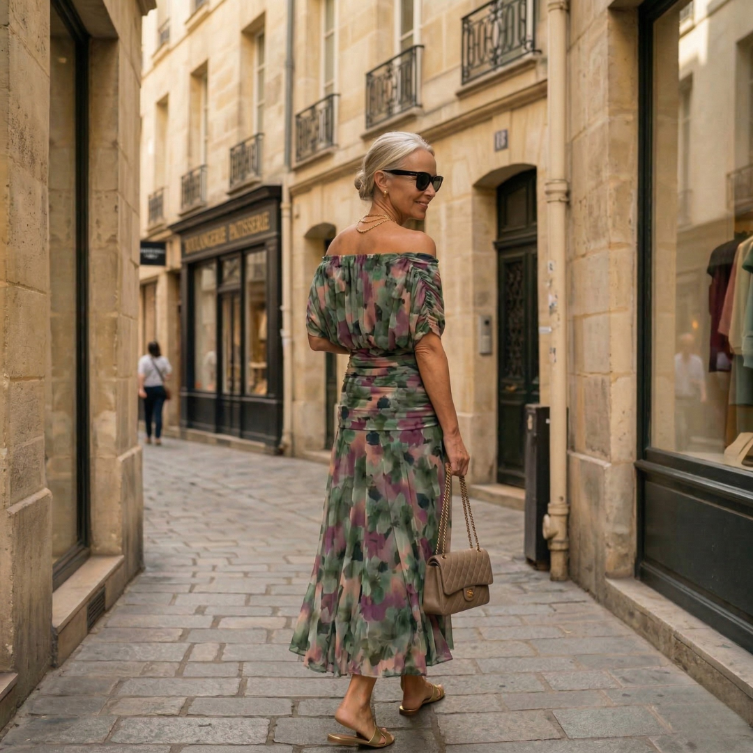 Diane | Maxi abito con design drappeggiato, scollo a V e maniche velate