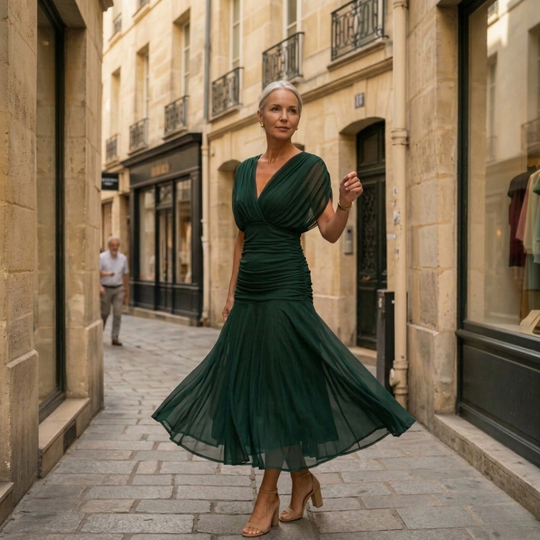 Diane | Maxi abito con design drappeggiato, scollo a V e maniche velate
