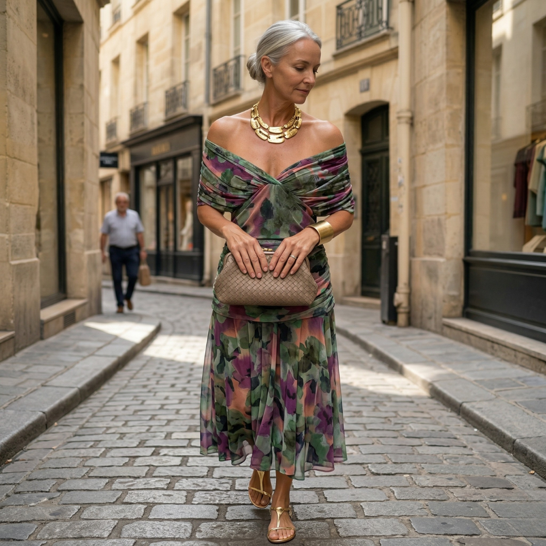 Diane | Maxi abito con design drappeggiato, scollo a V e maniche velate