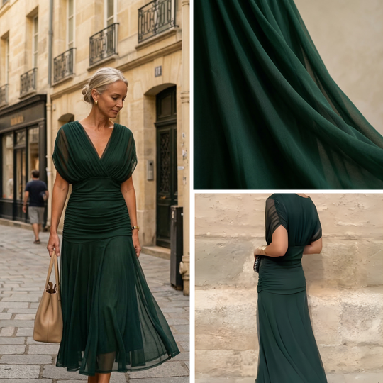 Diane | Maxi Draped Dress with V-Neck and Sheer Sleeves