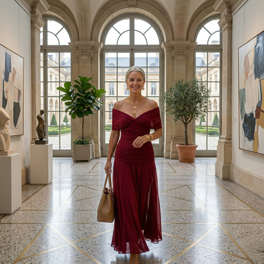 Diane | Maxi abito con design drappeggiato, scollo a V e maniche velate