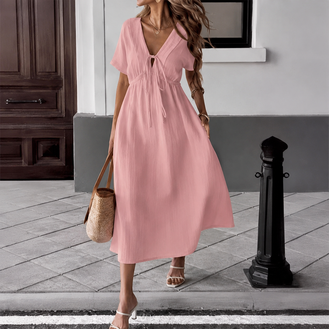 Louise | Flowy Long Dress with V-Neck and Sash