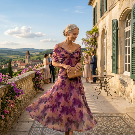 Diane | Maxi abito con design drappeggiato, scollo a V e maniche velate