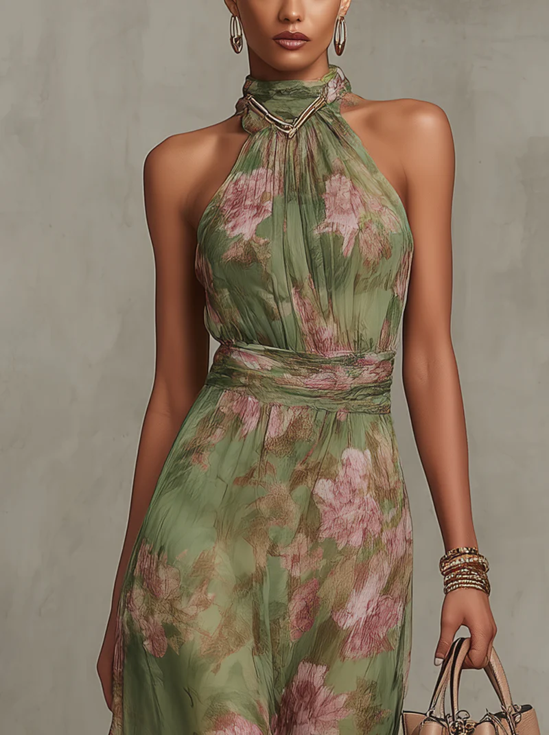 Livia - Elegante vestito lungo a collo alto con stampa floreale