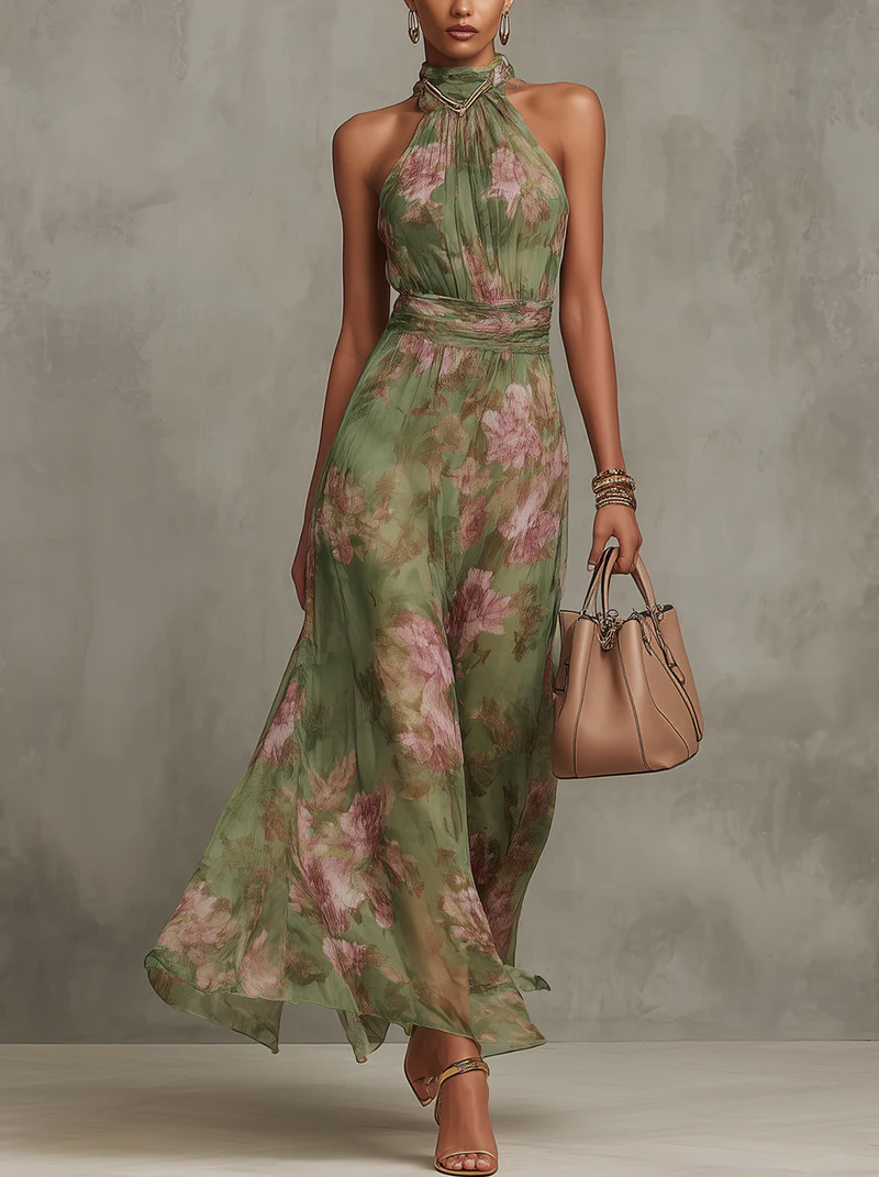 Livia - Elegante vestito lungo a collo alto con stampa floreale
