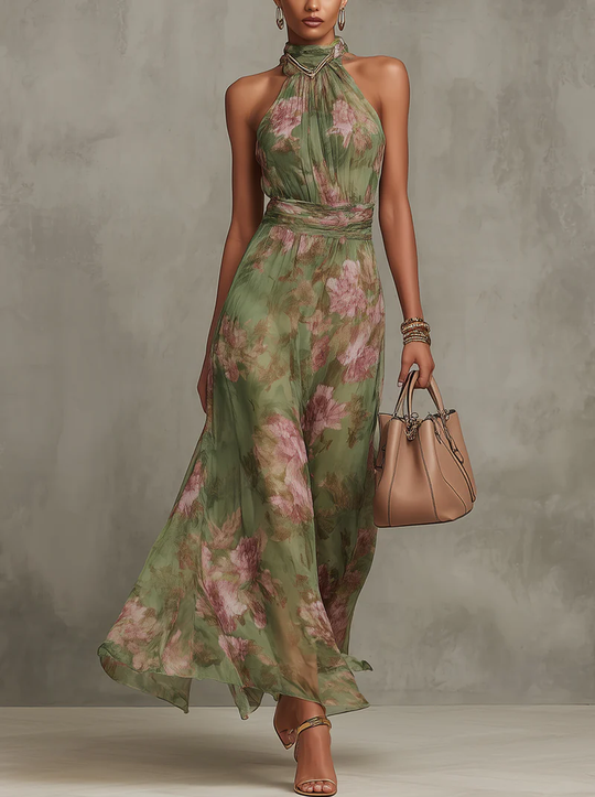 Livia - Elegante vestito lungo a collo alto con stampa floreale
