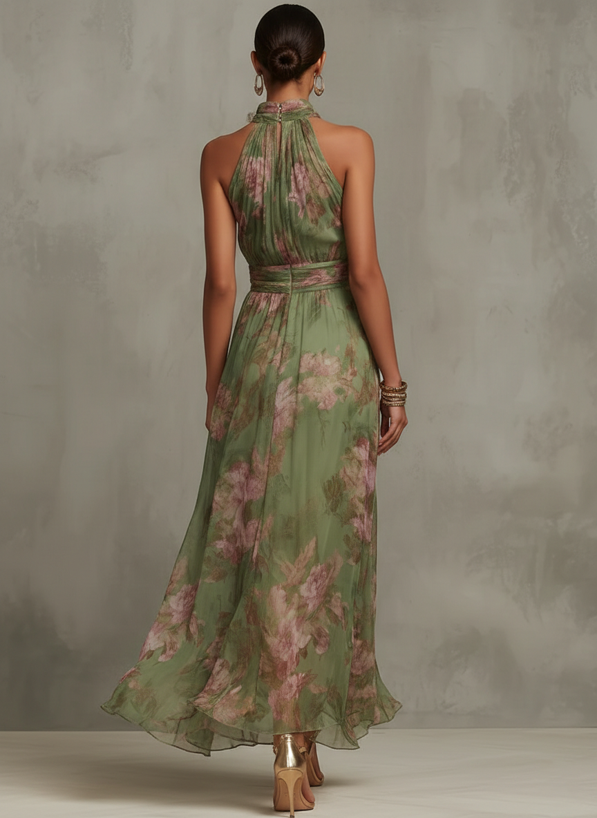 Livia - Elegante vestito lungo a collo alto con stampa floreale