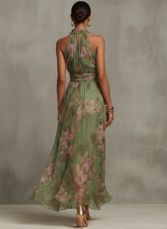 Livia - Elegante vestito lungo a collo alto con stampa floreale